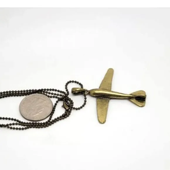Antiqued Bronze Plane Pendant on 26" Ball Chain Lobster Claw Clasp - Picture 4 of 8